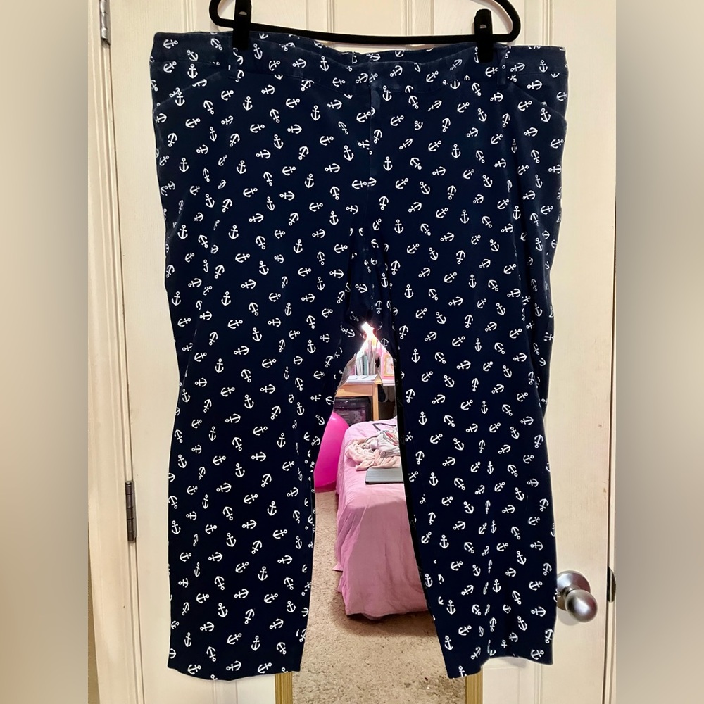 Plus Size Navy Blue & White Anchor Print Trouser Pants with Front Pockets 26 4X